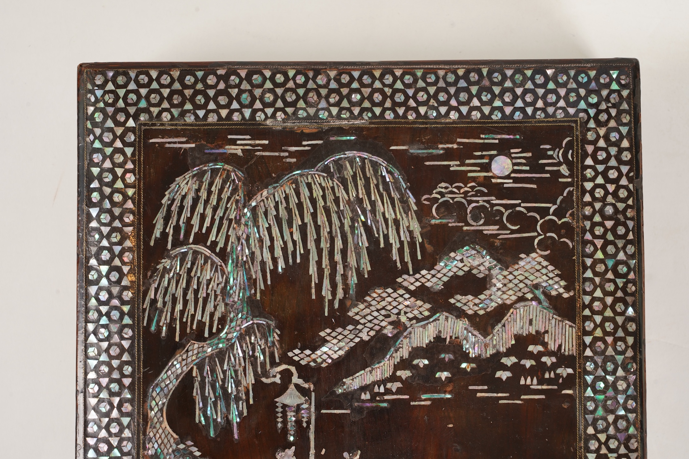 A Chinese Ming mother-of-pearl inlaid lacquer document box and cover, 15th century